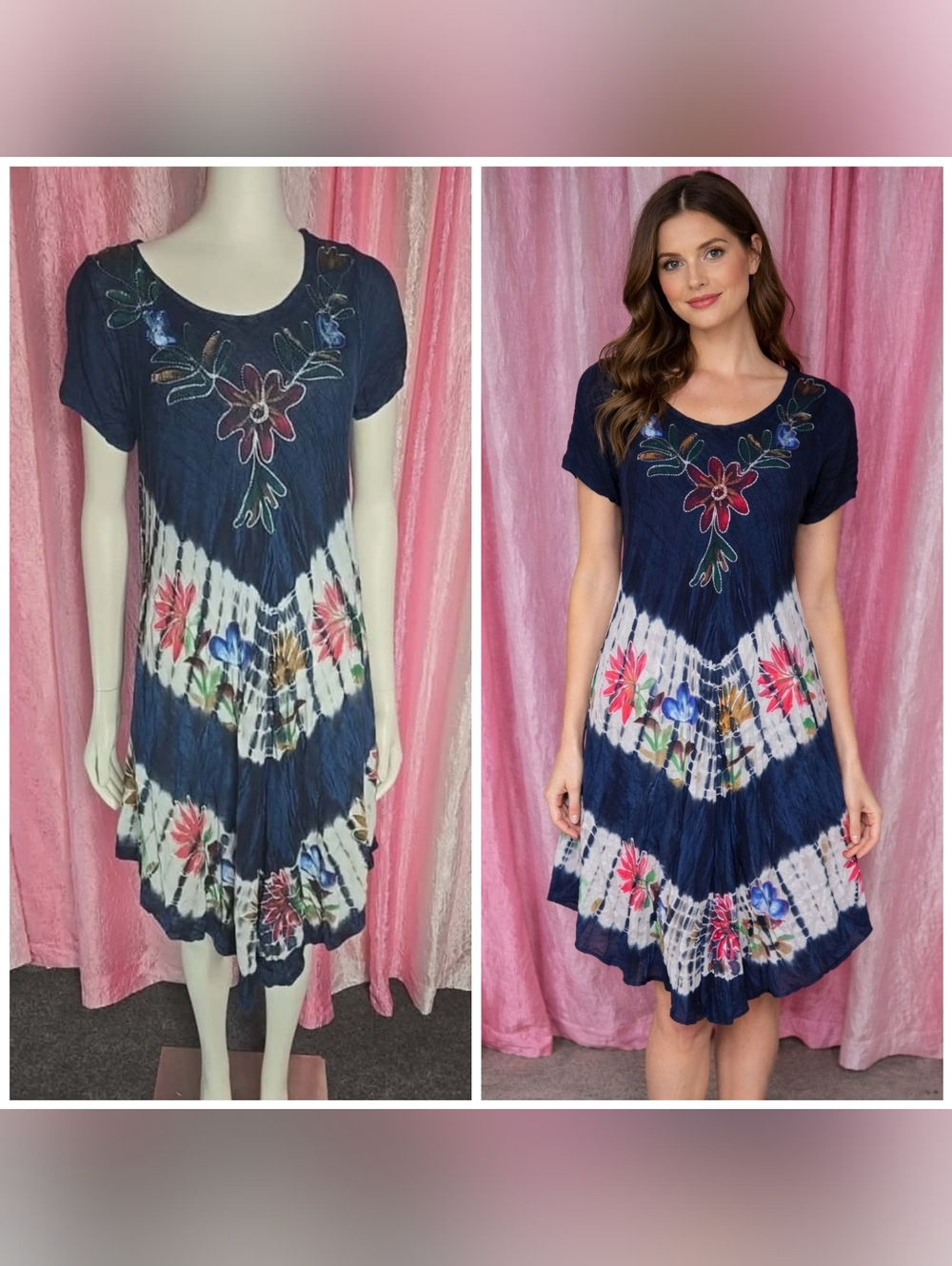 Riviera Sun Blue Tye-dye Embroidered Beach Hippie Boho Dress Size Large